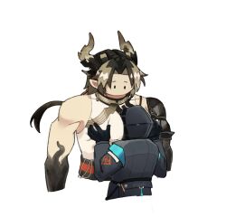 Rule 34 | 1boy, 1other, arknights, black hair, chong yue (arknights), doctor (arknights), highres, horns, muscular, no grad, pointy ears, short hair, single horn, solid circle eyes