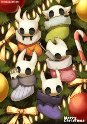 Rule 34 | 1girl, 4others, absurdres, aged down, bauble, candy, candy cane, christmas, christmas lights, christmas ornaments, christmas stocking, christmas tree, commentary request, food, fur trim, highres, holding, holding weapon, hollow eyes, hollow knight, hollow knight (character), hornet (hollow knight), horns, knight (hollow knight), looking at viewer, maga (comicfans100), merry christmas, multiple others, needle (hollow knight), pale king (hollow knight), peeking out, ribbon, sitting, stuffed toy, weapon