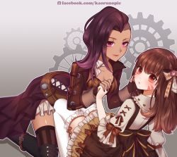 Rule 34 | 2girls, asymmetrical hair, boots, bow, breasts, brown eyes, brown hair, cleavage, collarbone, commentary request, cross-laced clothes, cross-laced legwear, d.va (overwatch), dark-skinned female, dark skin, facebook username, facepaint, facial mark, fingerless gloves, gloves, hair ribbon, hand on another&#039;s cheek, hand on another&#039;s face, highres, holding hands, kaoruru (sakuno2911), kneeling, lace, lolita fashion, looking at viewer, makeup, medium breasts, multiple girls, overwatch, overwatch 1, parted lips, purple eyes, purple hair, ribbon, sidecut, sombra (overwatch), steampunk, tan, thigh boots, thighhighs, undercut, watermark, web address, whisker markings, white legwear, yuri, zettai ryouiki
