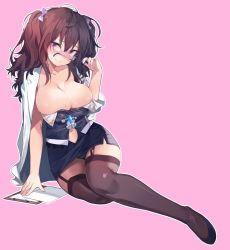 Rule 34 | 1girl, arm support, black footwear, black thighhighs, blush, bow, breasts, brown hair, cleavage, clipboard, closed mouth, collarbone, collared shirt, commentary request, dress shirt, eyebrows, unworn eyewear, formal, full body, garter straps, glasses, hair between eyes, hair bow, hair ornament, hand up, highres, holding, holding removed eyewear, large breasts, long hair, long sleeves, looking at viewer, miniskirt, navel, nose blush, open clothes, open shirt, original, panties, pantyshot, paper, pencil skirt, pink background, purple bow, purple eyes, removing eyewear, rimless eyewear, round eyewear, sankyaku tako, shirt, simple background, sitting, skindentation, skirt, skirt suit, smile, solo, suit, sweat, sweatdrop, thighhighs, underwear, white shirt, yokozuwari
