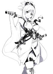 Rule 34 | 1girl, breasts, detached sleeves, fate/grand order, fate (series), fingernails, hair ornament, high ponytail, holding, holding sword, holding weapon, japanese clothes, katana, kimono, long sleeves, medium breasts, miyamoto musashi (fate), miyamoto musashi (third ascension) (fate), over shoulder, ponytail, ririko (zhuoyandesailaer), sheath, sheathed, sleeves past wrists, solo, sword, sword over shoulder, thighhighs, weapon, weapon over shoulder, white background