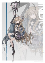 Rule 34 | 1girl, arknights, arm up, black footwear, black gloves, black socks, brown hair, character name, comiket 102, commentary request, crystal, dress, elbow gloves, frilled dress, frills, gloves, grey eyes, hair between eyes, highres, holding, holding staff, indigo (arknights), long hair, looking at viewer, noanoa-iroha, shoes, socks, solo, staff, very long hair, white dress, zoom layer
