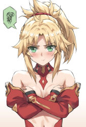 Rule 34 | 1girl, blonde hair, braid, breasts, covering privates, covering breasts, crossed arms, detached collar, detached sleeves, fate/apocrypha, fate/grand order, fate (series), french braid, green eyes, highres, long hair, looking at viewer, mordred (fate), mordred (fate/apocrypha), navel, parted bangs, ponytail, pout, sidelocks, small breasts, solo, spoken squiggle, squiggle, tonee, topless