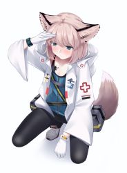Rule 34 | 1girl, absurdres, ahoge, animal ears, arknights, arm up, black pantyhose, blue eyes, blue shirt, blush, chinese commentary, commentary request, fox ears, fox tail, gloves, highres, jacket, long sleeves, material growth, nestea, open clothes, open jacket, oripathy lesion (arknights), pantyhose, pouch, shirt, short hair, silver hair, simple background, solo, squatting, sussurro (arknights), tail, white background, white gloves, white jacket, wide sleeves