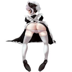 Rule 34 | 1girl, all fours, alternate costume, ass, black eyes, black hair, blush, enmaided, gluteal fold, hair between eyes, loafers, looking at viewer, looking back, made in abyss, maid, multicolored hair, ozen, panties, panty pull, resolution mismatch, shoes, skindentation, solo, source larger, thighhighs, underwear, white background, white hair, white panties, white thighhighs