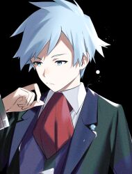 Rule 34 | 1boy, black background, blue eyes, blue hair, closed mouth, collared shirt, commentary request, creatures (company), frown, game freak, haisato (ddclown14), hand up, jacket, long sleeves, male focus, necktie, nintendo, pokemon, pokemon oras, red necktie, shirt, short hair, signature, solo, split mouth, steven stone, upper body, vest, white shirt