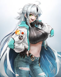 Rule 34 | 1girl, belt, black gloves, black hair, blush, breasts, brown belt, contemporary, denim, fate/grand order, fate (series), gloves, green eyes, hair between eyes, hand on own hip, jacket, jeans, koha-ace, large breasts, long hair, long sleeves, looking at viewer, multicolored hair, nagao kagetora (fate), navel, open belt, open clothes, open jacket, open mouth, pants, sidelocks, smile, solo, sterben, stomach, thighs, tongue, torn clothes, torn jeans, torn pants, two-tone hair, very long hair, white hair, zipper, zipper pull tab