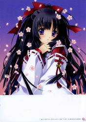 Rule 34 | 1girl, absurdres, bell, blue eyes, blush, carnelian, copyright request, detached sleeves, flower, hair ribbon, highres, japanese clothes, jingle bell, long hair, long sleeves, looking at viewer, miko, parted lips, petals, ponytail, red ribbon, ribbon, ribbon-trimmed sleeves, ribbon trim, smile, solo, translation request, very long hair