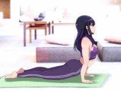 Rule 34 | 1girl, arched back, arm support, ass, barefoot, black hair, breasts, cleavage, commentary, from side, full body, hibike! euphonium, kousaka reina, long hair, lying, medium breasts, midriff, on stomach, pants, profile, purple eyes, purple pants, purple sports bra, sbel02, solo, sports bra, straight hair, stretching, thighs, yoga, yoga mat, yoga pants