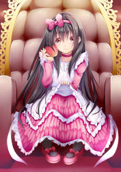 Rule 34 | 1girl, absurdres, apple, apron, armchair, black hair, black pantyhose, bow, brown eyes, chair, child, closed mouth, commentary request, creek (moon-sky), dress, food, frilled apron, frilled dress, frills, fruit, full body, hair between eyes, hairband, highres, holding, holding food, holding fruit, long hair, looking at viewer, mary janes, original, pantyhose, pigeon-toed, pink bow, pink dress, pink hairband, red apple, red bow, red footwear, shoes, sitting, smile, solo, white apron, youjo (creek (moon-sky))
