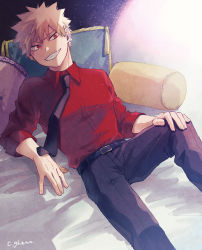 Rule 34 | 1boy, adcalcium, bakugou katsuki, belt, black belt, black necktie, black pants, blonde hair, boku no hero academia, collared shirt, commentary request, grin, hand on own knee, highres, long sleeves, looking at viewer, lying, male focus, necktie, on back, on bed, pants, pillow, red eyes, red shirt, shirt, short hair, signature, smile, solo, spiked hair
