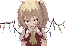Rule 34 | 1girl, ascot, blonde hair, blush, fangs, fingersmile, fkey, flandre scarlet, looking at viewer, puffy short sleeves, puffy sleeves, red eyes, short sleeves, simple background, solo, touhou, upper body, vest, white background, wings, wrist cuffs