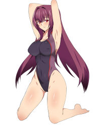 Rule 34 | 1girl, armpits, arms behind head, blush, breasts, competition swimsuit, covered navel, covered erect nipples, fate/grand order, fate (series), groin, highres, kagemusha, kneeling, large breasts, long hair, looking at viewer, one-piece swimsuit, purple hair, red eyes, scathach (fate), scathach (fate), simple background, solo, swimsuit, white background