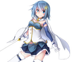 Rule 34 | 10s, 1girl, blue eyes, blue hair, blush, cape, fortissimo, gloves, hair ornament, hairclip, magical girl, mahou shoujo madoka magica, mahou shoujo madoka magica (anime), matching hair/eyes, miki sayaka, musical note, musical note hair ornament, otokuyou, short hair, simple background, skirt, smile, solo, sword, thighhighs, weapon, white background, white gloves, white thighhighs