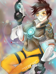 Rule 34 | 1girl, bodysuit, bomber jacket, brown eyes, brown hair, gloves, goggles, gun, handgun, jacket, keikyu (tiltedcube), looking at viewer, open mouth, overwatch, overwatch 1, short hair, smile, solo, spiked hair, thighs, tracer (overwatch), weapon