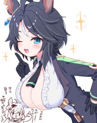 Rule 34 | 2girls, ahoge, animal ears, black hair, blue eyes, blush, breasts, cleavage, commentary request, fuji kiseki (umamusume), gloves, hair ornament, hand on own hip, highres, horse ears, horse girl, horse tail, jungle pocket (umamusume), large breasts, leaning forward, looking at viewer, medium hair, multiple girls, nza, one eye closed, open mouth, pointing, simple background, sparkle, tail, translation request, umamusume, white background