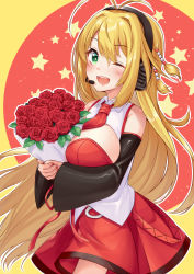 Rule 34 | 1girl, ;d, antenna hair, bare shoulders, between breasts, black sleeves, blonde hair, blush, bouquet, breasts, bright pupils, commentary request, cowboy shot, detached sleeves, flower, green eyes, headphones, headset, highres, holding, holding bouquet, large breasts, long hair, long sleeves, looking at viewer, miniskirt, nail polish, necktie, one eye closed, open mouth, outline, own hands together, red flower, red nails, red necktie, red rose, red skirt, rose, skirt, smile, solo, star (symbol), starry background, straight hair, tenneko yuuri, tsurumaki maki, two-tone background, very long hair, voiceroid, white outline, wing collar