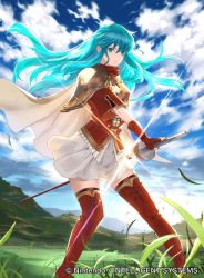 Rule 34 | 1girl, aqua hair, armor, blue eyes, blue sky, boots, breastplate, cape, closed mouth, cloud, cloudy sky, commentary request, company connection, copyright name, day, eirika (fire emblem), fire emblem, fire emblem: the sacred stones, fire emblem cipher, gloves, grass, holding, long hair, looking at viewer, mayo (becky2006), mountainous horizon, nintendo, official art, outdoors, pleated skirt, red footwear, red gloves, short sleeves, shoulder armor, skirt, sky, solo, standing, sword, thigh boots, thighhighs, weapon, white skirt, zettai ryouiki