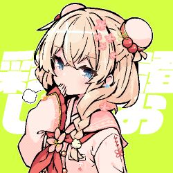Rule 34 | 1girl, puff of air, asumi shuo, blonde hair, blue eyes, blush, braid, bun cover, character name, cherry blossoms, closed mouth, commentary request, crossed bangs, demusato (udmp), double bun, earrings, flower, furrowed brow, green background, hair bun, hair flower, hair ornament, hair over shoulder, halftone, hand to own mouth, highres, jewelry, long hair, long sleeves, looking at viewer, neck flower, neckerchief, pink flower, pink nails, pink sailor collar, pink shirt, pixel art, red neckerchief, sailor collar, shirt, sideways glance, sleeves past wrists, smug, solo, sparkle, star (symbol), star earrings, text background, translation request, upper body, voicepeak