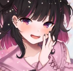 Rule 34 | 1boy, black hair, black nails, blush, clothing cutout, collarbone, colored inner hair, commentary, english commentary, eyebrows hidden by hair, fang, hair behind ear, hair ornament, hairclip, hand on own cheek, hand on own face, indie virtual youtuber, koahri, male focus, moenaomii, multicolored hair, nail polish, open mouth, pink hair, pink shirt, portrait, sailor collar, shirt, short hair, shoulder cutout, smile, solo, trap, two side up, virtual youtuber