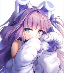 Rule 34 | 1girl, animal ears, animal hands, azur lane, bare shoulders, blue eyes, bow, covering own mouth, fake animal ears, fur trim, gloves, hair bow, hairband, highres, jacket, kiyosato 0928, long hair, long sleeves, looking at viewer, off shoulder, one side up, paw gloves, puffy sleeves, purple hair, sleeveless, solo, tashkent (azur lane), tashkent (muse) (azur lane), upper body, white jacket