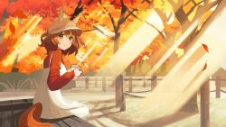 Rule 34 | 1girl, absurdres, alternate costume, animal ears, ashinowoto, aston machan (umamusume), autumn leaves, bench, blush, brown hair, brown headwear, closed mouth, commentary request, cup, disposable cup, dress, green eyes, highres, horse ears, horse girl, horse tail, long sleeves, looking at viewer, outdoors, red sweater, short hair, sitting, smile, solo, sweater, tail, umamusume, white dress, wooden bench