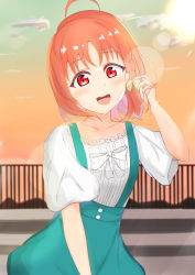Rule 34 | 1girl, absurdres, adjusting hair, aqua skirt, artist name, artist request, blush, bow, bowtie, braid, breasts, cloud, collarbone, day, dress, female focus, frilled shirt, frills, green sky, hair bow, highres, looking at viewer, love live!, love live! sunshine!!, miniskirt, orange hair, orange sky, outdoors, parted lips, plaid, plaid dress, plaid skirt, playing with own hair, pleated, pleated dress, pleated skirt, puffy short sleeves, puffy sleeves, red eyes, shirt, short hair, short sleeves, side braid, single braid, skirt, sky, small breasts, smile, solo, stairs, sun, sunlight, sunset, takami chika, white bow, yellow bow
