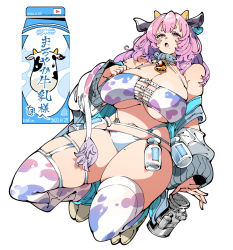 Rule 34 | 1girl, :o, animal ears, animal print, bell, bikini, blush, bottle, breasts, cleavage, collar, commission, cow ears, cow girl, cow horns, cow print, cowbell, curvy, detached sleeves, ear tag, eyelashes, hair between eyes, horns, huge breasts, kafun, long hair, looking at viewer, milk bottle, milk carton, mole, mole on thigh, mole under eye, neck bell, open mouth, original, pink hair, plump, purple eyes, simple background, skindentation, solo, swimsuit, thick thighs, thigh strap, thighhighs, thighs, white background