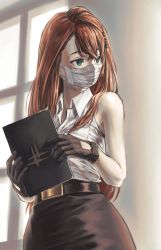 Rule 34 | 1girl, alchemy stars, bare shoulders, belt, black gloves, black skirt, brown hair, clipboard, collared shirt, gloves, green eyes, highres, holding, holding clipboard, long hair, looking to the side, mask, mayagi (mayagi61), mouth mask, pencil skirt, shirt, shirt tucked in, siobhan (alchemy stars), skirt, sleeveless, sleeveless shirt, solo, surgical mask, upper body, white shirt, window