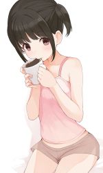 Rule 34 | 1girl, :&gt;, belly, black hair, blush, brown eyes, brown shorts, child, coffee mug, collarbone, cup, drinking, flat chest, highres, hiroki (yyqw7151), holding, holding cup, looking at viewer, mug, original, pink tank top, short hair, short shorts, short twintails, shorts, simple background, sitting, tank top, thighs, twintails, white background