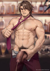 1boy bara beard_stubble bluesky_username brown_hair collarbone commentary cross_scar english_commentary facial_hair foreskin gallagher_(honkai:_star_rail) hand_on_own_penis highres honkai:_star_rail honkai_(series) long_hair looking_at_viewer male_focus muscular muscular_male necktie open_pants pants peeing penis pulling_own_clothes red_necktie red_pants scar scar_on_arm stubble sylvein testicles topless_male yaoi