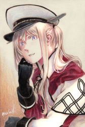 Rule 34 | 1girl, black gloves, blonde hair, breasts, capelet, cross, elbow rest, gloves, graf zeppelin (kancolle), hair between eyes, hair tie, hat, highres, impossible clothes, iron cross, jacket, kantai collection, leaning forward, long hair, looking at viewer, military, military uniform, millipen (medium), multicolored clothes, multicolored jacket, necktie, parted lips, peaked cap, purple eyes, sidelocks, signature, small breasts, smile, solo, tesun (g noh), traditional media, tsurime, twintails, uniform, watercolor pencil (medium)