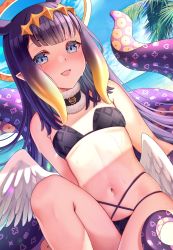 Rule 34 | 1girl, absurdres, beach, bikini, blue eyes, blunt bangs, breasts, day, fur collar, halo, highres, hololive, hololive english, long hair, looking at viewer, mole, mole under eye, monster girl, navel, ninomae ina&#039;nis, outdoors, pointy ears, purple hair, saruei, sitting, small breasts, smile, solo, stomach, strapless, strapless bikini, swimsuit, tentacle hair, tentacles, thighs, virtual youtuber, wet