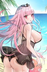 Rule 34 | 1girl, arched back, ass, ayamy, babydoll, ball, bare shoulders, beachball, bikini, black bikini, blunt bangs, breasts, choker, commentary, day, english commentary, floating hair, from behind, highres, holding, holding ball, holding beachball, hololive, hololive english, horizon, large breasts, long hair, looking at viewer, looking back, mori calliope, ocean, outdoors, palm tree, pink eyes, pink hair, raised eyebrows, see-through, shoulder blades, sideboob, skull print, solo, strap gap, swimsuit, tiara, tree, virtual youtuber, water, wet