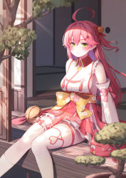 Rule 34 | 1girl, 35p (sakura miko), absurdres, ahoge, asymmetrical legwear, bell, blush, bow, breasts, commentary request, detached sleeves, feet out of frame, floral print, green eyes, hair bell, hair between eyes, hair bow, hair ornament, highres, hololive, jingle bell, long hair, long sleeves, looking at viewer, medium breasts, nyan (reinyan 007), one side up, pink hair, print skirt, red bow, red skirt, sakura miko, sakura miko (1st costume), sideboob, single sock, single thighhigh, sitting, skirt, socks, solo, thigh strap, thighhighs, tree, uneven legwear, virtual youtuber, white socks, white thighhighs, x hair ornament