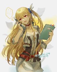 Rule 34 | 1girl, alisa reinford, blonde hair, choker, commentary request, cropped jacket, dated, double-parted bangs, earrings, eiyuu densetsu, feather hair ornament, feathers, hair between eyes, hair ornament, holding, holding notebook, holding phone, jewelry, long hair, notebook, open mouth, phone, ponytail, red eyes, saymel679, sen no kiseki, sen no kiseki iii, short sleeves, side ponytail, smile, solo, talking on phone, twitter username
