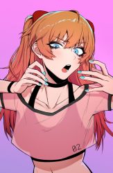 Rule 34 | 1girl, aqua nails, blue eyes, bow, breasts, collarbone, hair bow, hair ornament, j.k., long hair, looking at viewer, nail polish, navel, neon genesis evangelion, open mouth, orange hair, pink tank top, purple background, red bow, solo, souryuu asuka langley, tank top, upper body