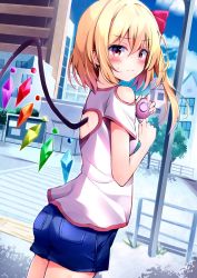 Rule 34 | 1girl, alternate costume, ass, bare shoulders, blonde hair, blue sky, blush, breasts, building, casual, city, clothing cutout, cloud, commentary request, contemporary, cowboy shot, crystal, day, denim, denim shorts, dutch angle, flandre scarlet, hair between eyes, hair ribbon, hands up, highres, holding, hyurasan, looking at viewer, looking back, medium breasts, no headwear, no headwear, one side up, outdoors, red eyes, red ribbon, ribbon, shirt, short shorts, short sleeves, shorts, shoulder cutout, sky, solo, standing, thighs, touhou, tree, white shirt, wings