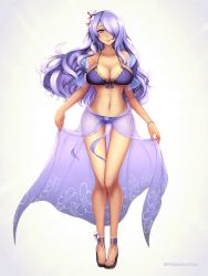 Rule 34 | 1girl, bikini, breasts, camilla (fire emblem), camilla (summer) (fire emblem), cleavage, closed mouth, fire emblem, fire emblem fates, fire emblem heroes, flower, full body, gold trim, hair flower, hair ornament, hair over one eye, highres, large breasts, long hair, nail polish, narrow waist, navel, nintendo, o-ring, o-ring bikini, phiphi-au-thon, purple eyes, purple hair, sandals, sarong, see-through, simple background, smile, solo, standing, swimsuit, twitter username, white background, white flower, wide hips