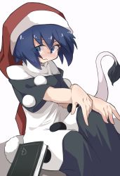 Rule 34 | 1girl, :3, absurdres, black dress, blue eyes, blue hair, blush, book, breasts, closed mouth, commentary request, doremy sweet, dress, feet out of frame, hat, highres, long hair, looking at viewer, medium breasts, nightcap, pom pom (clothes), red hat, short hair, short sleeves, simple background, smile, solo, tail, tapir tail, touhou, two-tone dress, white background, white dress, yayuyoyayuyo