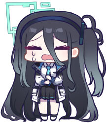 Rule 34 | 1girl, absurdres, aris (blue archive), black hair, black hairband, black skirt, black socks, blue archive, blue necktie, chibi, closed eyes, collared shirt, crying, facing viewer, full body, hair between eyes, hairband, halo, highres, jacket, long hair, long sleeves, necktie, one side up, open clothes, open jacket, open mouth, panatisia, pleated skirt, puffy long sleeves, puffy sleeves, shirt, shoes, simple background, skirt, socks, solo, standing, tears, very long hair, wavy mouth, white background, white footwear, white jacket, white shirt