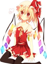 Rule 34 | 1girl, bad id, bad pixiv id, black thighhighs, blonde hair, embodiment of scarlet devil, female focus, flandre scarlet, hat, motoko (fe25), red eyes, side ponytail, simple background, solo, thighhighs, touhou, white background, wings