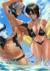 Rule 34 | 2girls, absurdres, arm above head, armpits, ass, au ra, bare shoulders, beach, bikini, black bikini, breasts, cleavage, commission, dripping, final fantasy, final fantasy xiv, floating, floating object, from behind, from side, gluteal fold, hand up, hanging breasts, highres, horns, j.moon, large breasts, leaning forward, lilith (lilycious), mole, mole under mouth, monster girl, multiple girls, navel, orange eyes, scales, shiny skin, sideboob, smile, swimsuit, tail, thigh gap, thighhighs, water, wet, yellow eyes