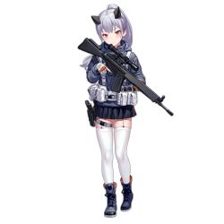 Rule 34 | 1girl, assault rifle, battle rifle, boots, closed mouth, cross-laced footwear, fkey, full body, garter straps, girls&#039; frontline, gloves, gun, h&amp;k g3, h&amp;k g3/sg1, h&amp;k hk33, hk33 (girls&#039; frontline), holding, holding gun, holding weapon, jacket, long hair, long sleeves, looking at viewer, official art, ponytail, red eyes, rifle, silver hair, solo, thighhighs, transparent background, weapon, white gloves, white thighhighs