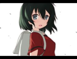 Rule 34 | 10s, 1girl, :d, backpack, bag, black hair, from side, grey eyes, hair between eyes, iwahana, kaban (kemono friends), kemono friends, letterboxed, looking at viewer, looking to the side, open mouth, red shirt, shirt, short hair, smile, solo