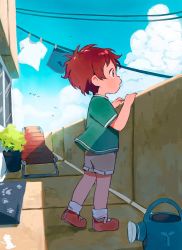 Rule 34 | 1boy, balcony, bird wings, child, cloud, commentary, day, english commentary, from side, full body, green shirt, guard rail, highres, male focus, nemui (nemuriyagi), original, outdoors, red footwear, red hair, shirt, short hair, short sleeves, shorts, sky, solo, standing, symbol-only commentary, window, wings