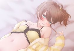 Rule 34 | 1girl, ahoge, artist request, bed sheet, blush, brown hair, camisole, collarbone, hair between eyes, highres, hololive, looking at viewer, lying, natsuiro matsuri, navel, on back, scrunchie, side ponytail, smile, solo, sweater, virtual youtuber