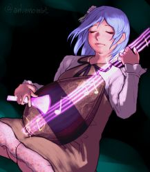 Rule 34 | 1girl, biwa lute, blue hair, brown dress, closed eyes, closed mouth, dress, dutch angle, envenomist (gengoroumaru), highres, instrument, long sleeves, lute (instrument), music, musical note, one-hour drawing challenge, playing instrument, quaver, seiza, sitting, solo, touhou, treble clef, tsukumo benben, twitter username