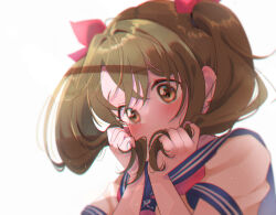 Rule 34 | 1girl, blue sailor collar, blurry, blurry background, blush, bow, breasts, brown eyes, brown hair, dot nose, hair bow, hair ribbon, hands up, holding, holding hair, idolmaster, idolmaster cinderella girls, idolmaster cinderella girls starlight stage, imai kana, jamu, lens flare, long hair, looking down, medium breasts, neckerchief, portrait, red neckerchief, red ribbon, ribbon, sailor collar, school uniform, serafuku, short sleeves, shy, simple background, solo, sweatdrop, twintails, white background
