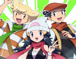 Rule 34 | backpack, bag, barry (pokemon), beanie, beret, blonde hair, blue eyes, blue hair, brown bag, collarbone, creatures (company), dawn (pokemon), game freak, green background, green scarf, hair ornament, hat, highres, holding, holding poke ball, long hair, looking at another, looking at viewer, lucas (pokemon), nintendo, open mouth, orange eyes, pink scarf, poke ball, pokemon, pokemon dppt, poketch, red headwear, red scarf, sawarabi (sawarabi725), scarf, shirt, short hair, striped clothes, striped shirt, v, v-shaped eyebrows, watch, white background, white headwear, wristwatch, yellow bag